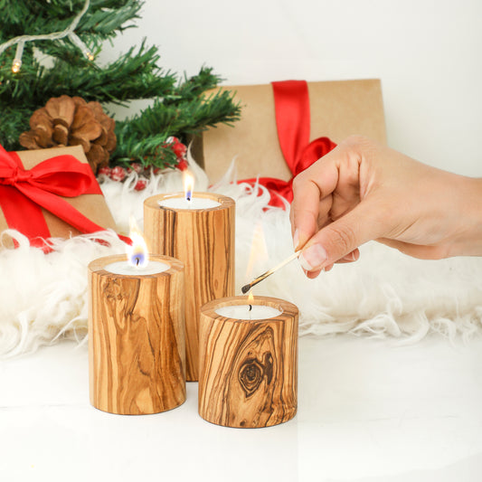 Handcrafted Tunisian Olive Wood Set of 3 Candle Holders